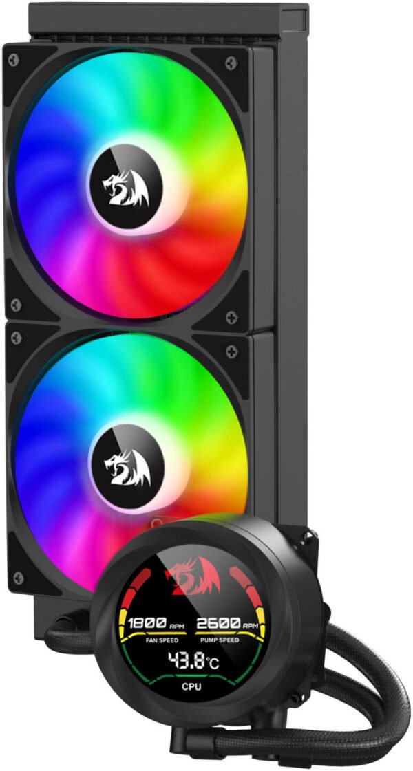 Redragon CCW-1019 240mm Digital ARGB CPU Liquid Cooler, Temperature Display, 2x 120mm RGB Fans