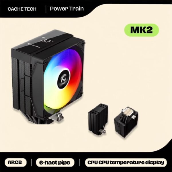 POWER TRAIN MK2 Digital ARGB Tower Air CPU Cooler with 120mm PWM Fan, 6 Copper Heat Pipes & CPU/GPU Temperature Display