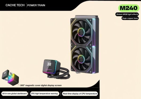 POWER TRAIN M240 BLACK 240mm ARGB AIO Liquid CPU Cooler with Digital Temperature Display