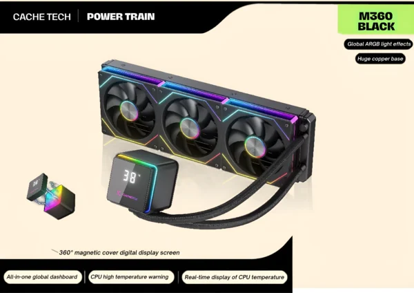 POWER TRAIN M360 BLACK 360mm ARGB All-in-One Liquid CPU Cooler with Digital Temperature Display