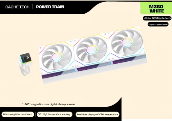 POWER TRAIN M360 WHITE 360mm ARGB All-in-One Liquid CPU Cooler with Digital Temperature Display (Copy)