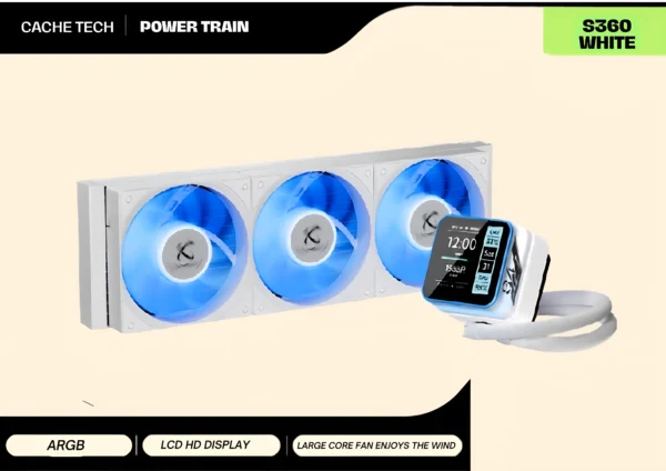 POWER TRAIN S360 WHITE 360mm ARGB AIO Liquid CPU Cooler with HD LCD Display
