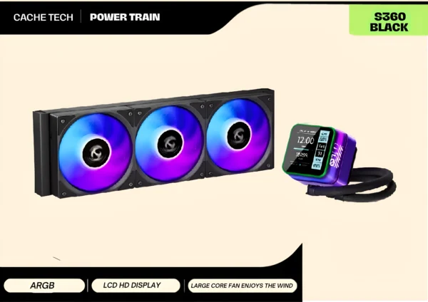 POWER TRAIN S360 BLACK 360mm ARGB AIO Liquid CPU Cooler with HD LCD Display